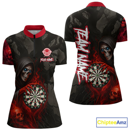Red Grim Reaper Flame Darts Shirt For Women Custom Skull Darts Jersey Team Polo & Quarter Zip TDM5529