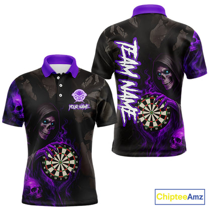 Purple Grim Reaper Flame Darts Shirt For Men Custom Skull Darts Jersey Team Polo & Quarter Zip TDM5530