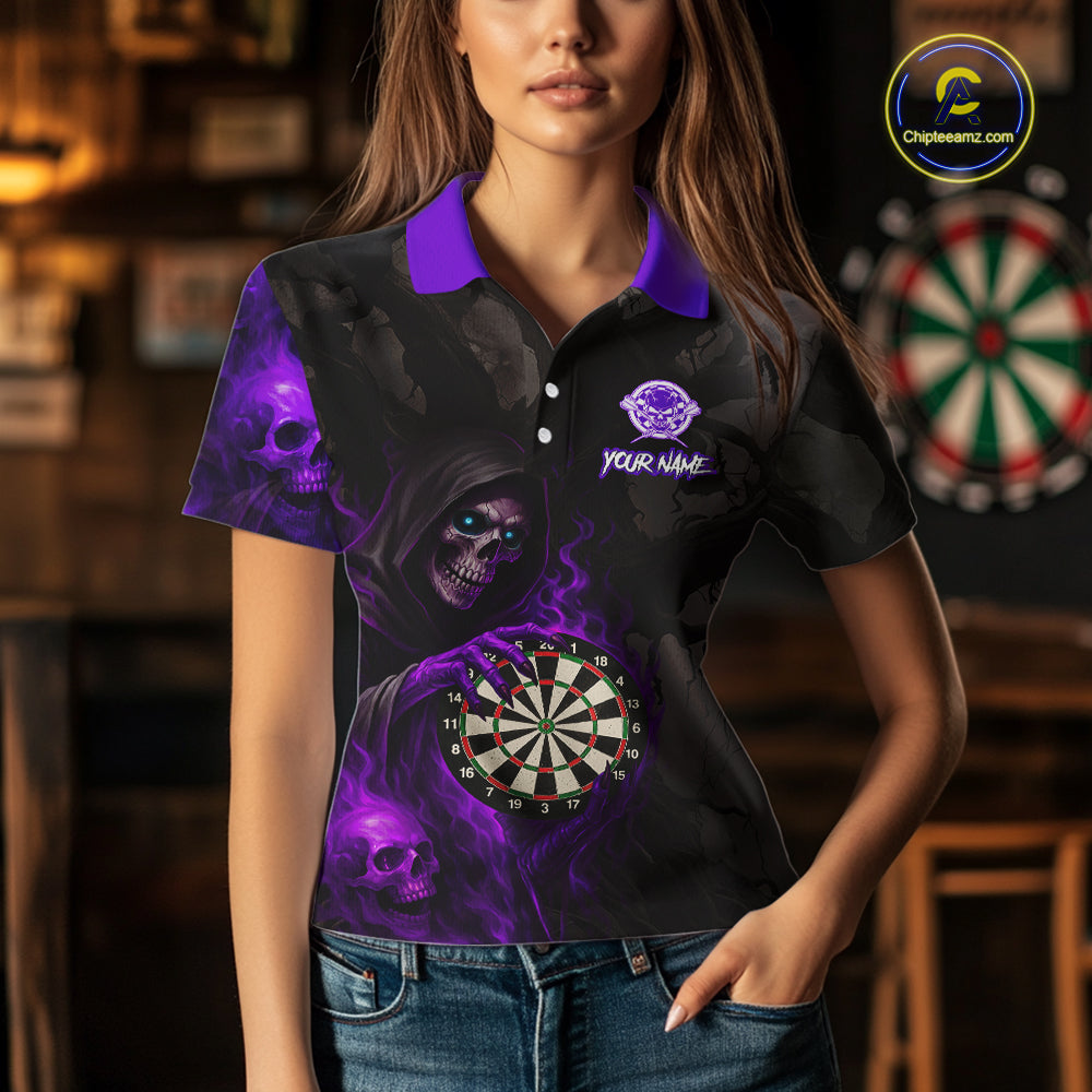 Purple Grim Reaper Flame Darts Shirt For Women Custom Skull Darts Jersey Team Polo & Quarter Zip TDM5530