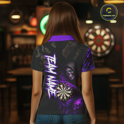 Purple Grim Reaper Flame Darts Shirt For Women Custom Skull Darts Jersey Team Polo & Quarter Zip TDM5530