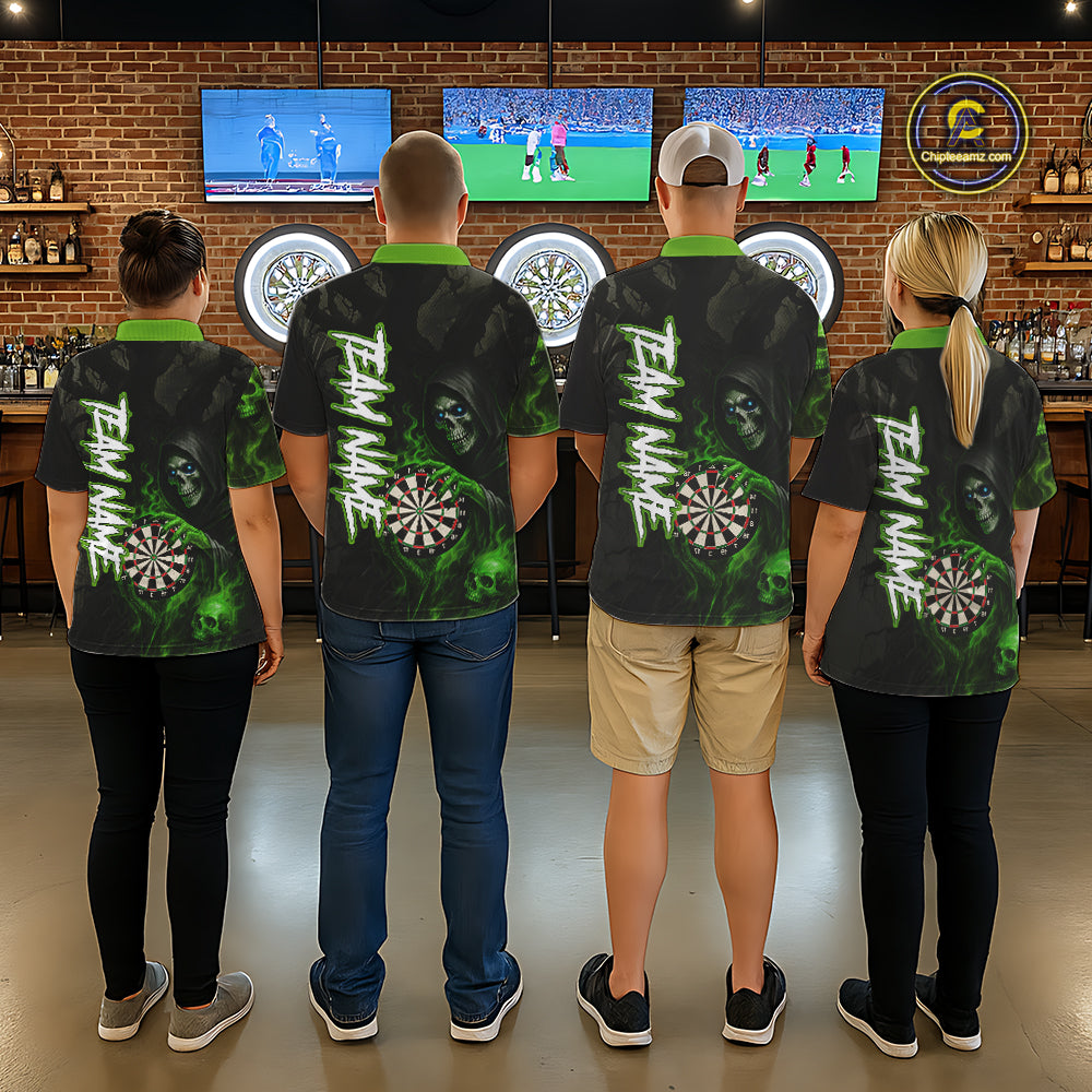 Green Grim Reaper Flame Darts Shirt For Men Custom Skull Darts Jersey Team Polo & Quarter Zip TDM5531