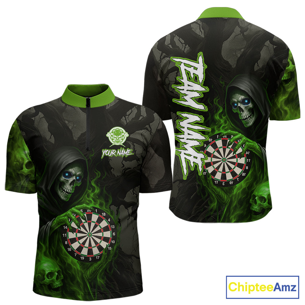 Green Grim Reaper Flame Darts Shirt For Men Custom Skull Darts Jersey Team Polo & Quarter Zip TDM5531