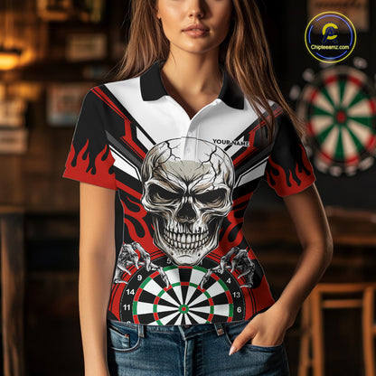 Personalized Skull Darts Polo & Quarter Zip Custom Darts Shirt For Women, Darts Team Jersey |Red TDM5535