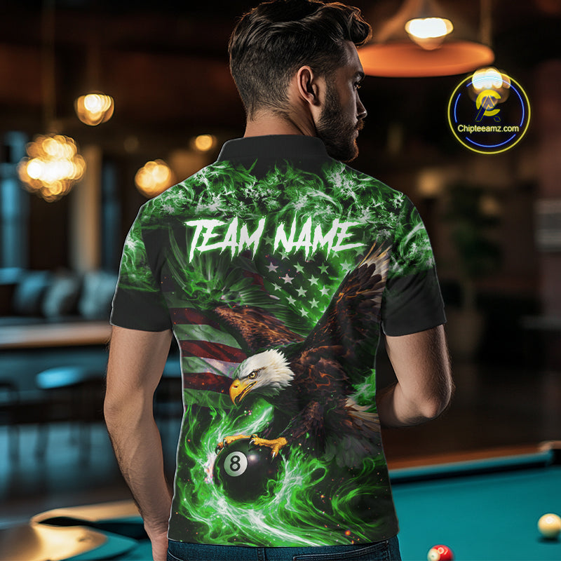 Green Flaming Eagle 8 Ball Billiard Shirt For Men Custom US Flag Pool Team Jersey Polo & 1/ 4 Zip TDM6153