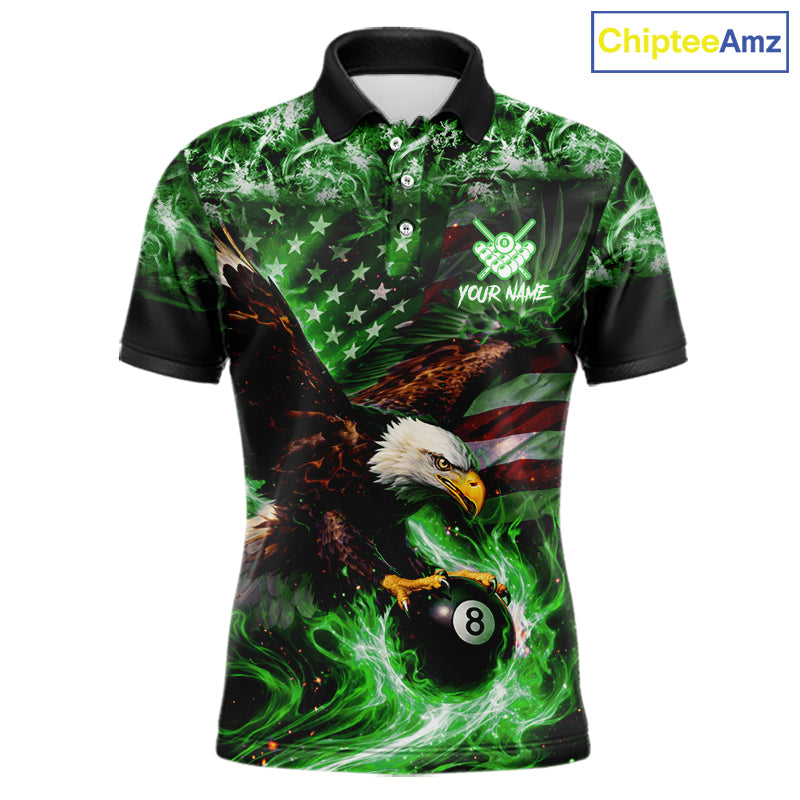Green Flaming Eagle 8 Ball Billiard Shirt For Men Custom US Flag Pool Team Jersey Polo & 1/ 4 Zip TDM6153