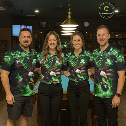 Green Flaming Eagle 8 Ball Billiard Shirt For Women Custom US Flag Pool Team Jersey Polo & 1/ 4 Zip TDM6153