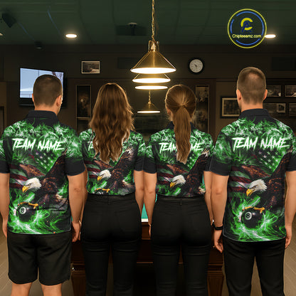 Green Flaming Eagle 8 Ball Billiard Shirt For Women Custom US Flag Pool Team Jersey Polo & 1/ 4 Zip TDM6153