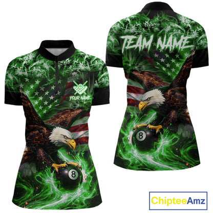 Green Flaming Eagle 8 Ball Billiard Shirt For Women Custom US Flag Pool Team Jersey Polo & 1/ 4 Zip TDM6153