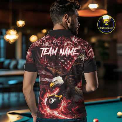 Red Flaming Eagle 8 Ball Billiard Shirt For Men Custom US Flag Pool Team Jersey Polo & 1/ 4 Zip TDM6154