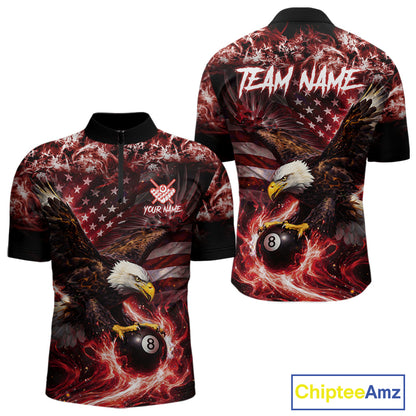 Red Flaming Eagle 8 Ball Billiard Shirt For Men Custom US Flag Pool Team Jersey Polo & 1/ 4 Zip TDM6154