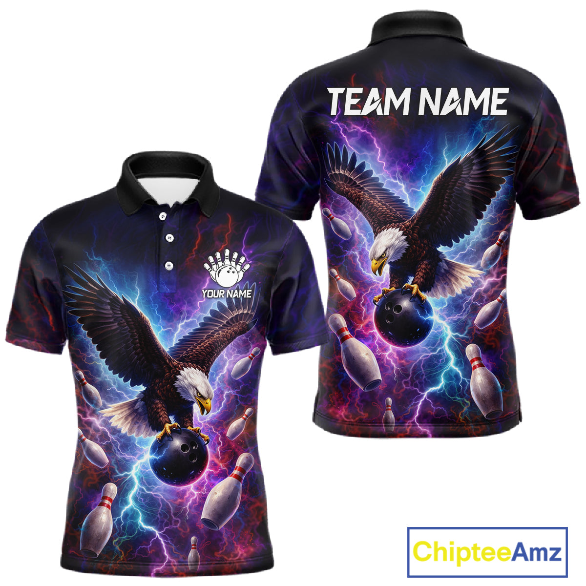 Custom Colorful Thunder Lightning Eagle Bowling Shirt For Men, Bowling Team Jersey Polo & 1/4 Zip TDM6158