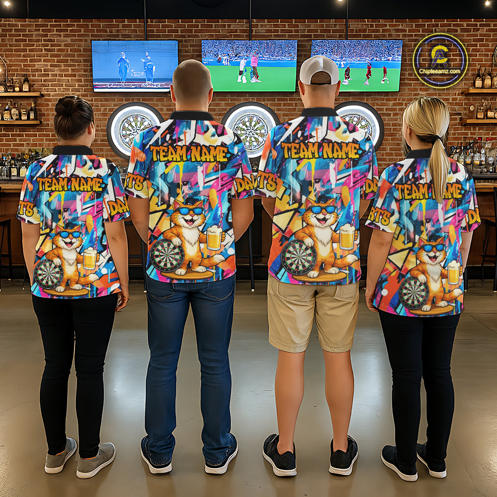 Funny Cat Colorful Graffiti Darts Shirt For Women Custom Darts Team Jersey Polo & 1/4 Zip TDM6393