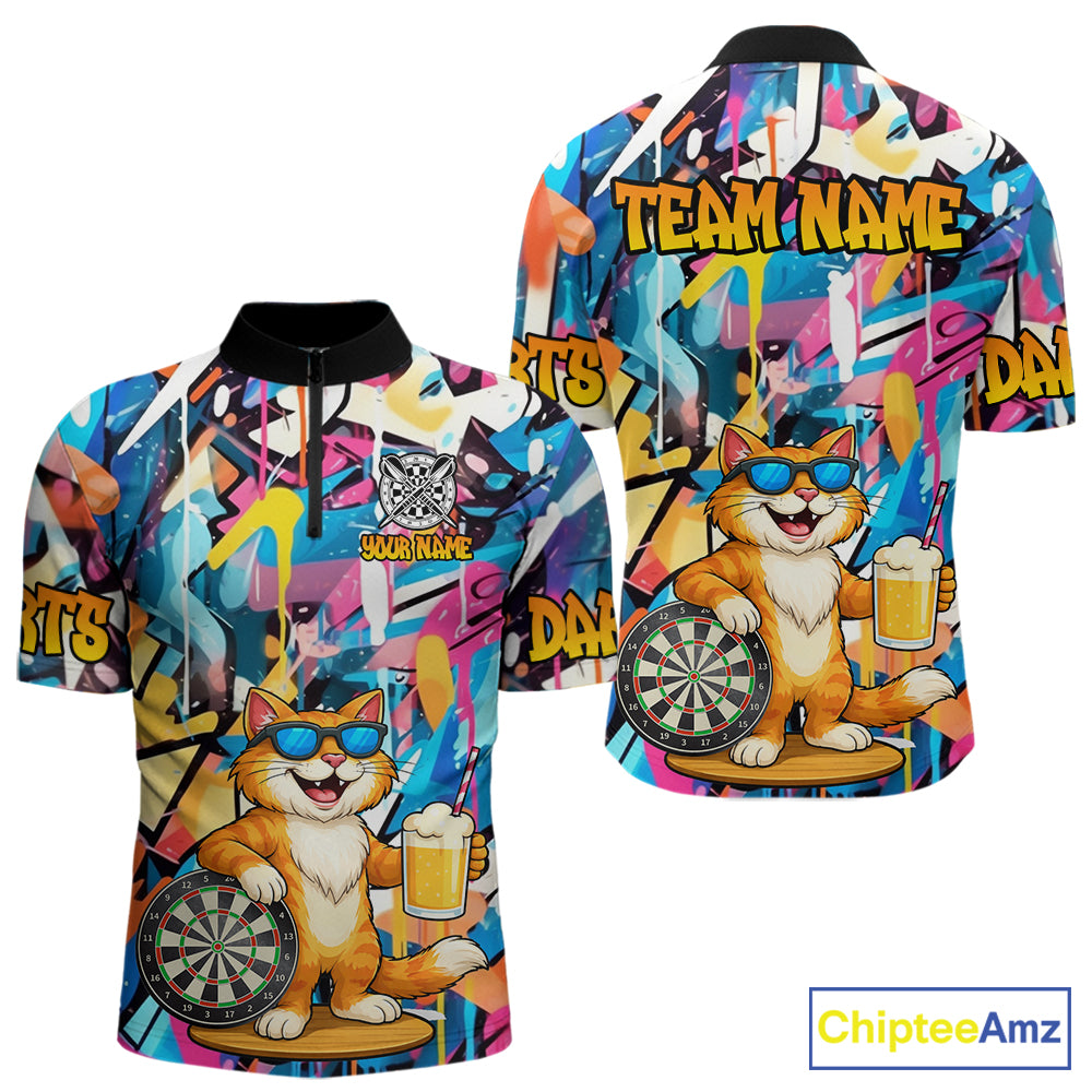 Funny Cat Colorful Graffiti Darts Shirt For Men Custom Darts Team Jersey Polo & 1/4 Zip TDM6393