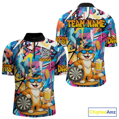 Funny Cat Colorful Graffiti Darts Shirt For Men Custom Darts Team Jersey Polo & 1/4 Zip TDM6393