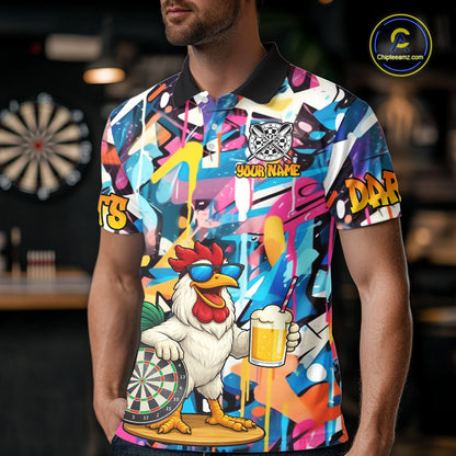 Funny Rooster Colorful Graffiti Darts Shirt For Men Custom Darts Team Jersey Polo & 1/4 Zip TDM6395