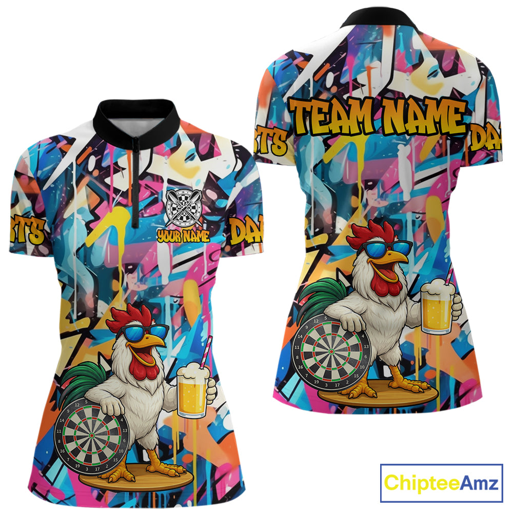 Funny Rooster Colorful Graffiti Darts Shirt For Women Custom Darts Team Jersey Polo & 1/4 Zip TDM6395