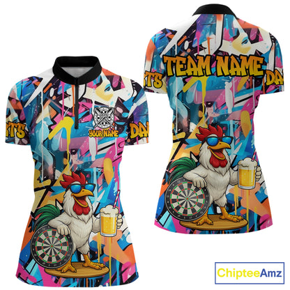 Funny Rooster Colorful Graffiti Darts Shirt For Women Custom Darts Team Jersey Polo & 1/4 Zip TDM6395