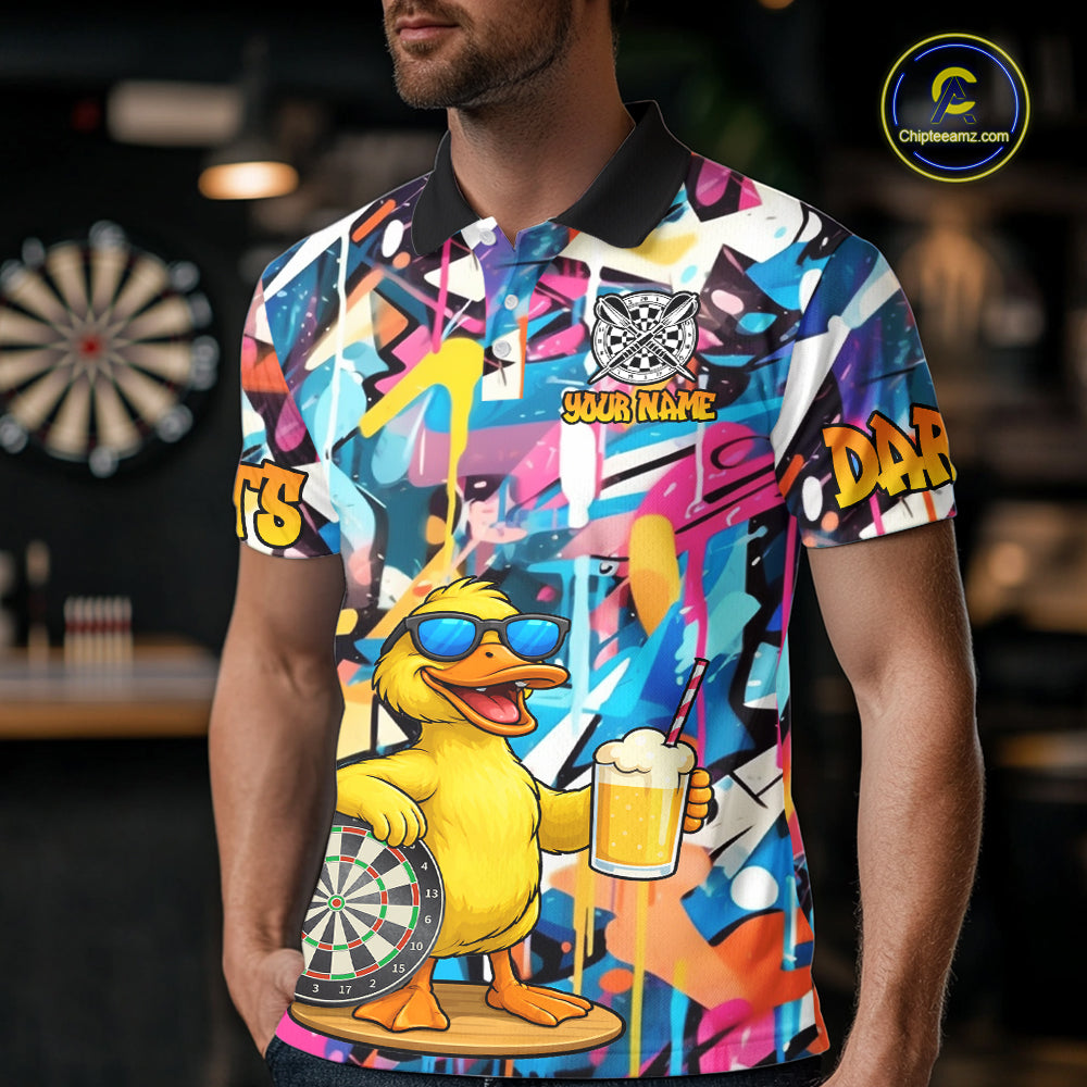Funny Duck Colorful Graffiti Darts Shirt For Men Custom Darts Team Jersey Polo & 1/4 Zip TDM6396