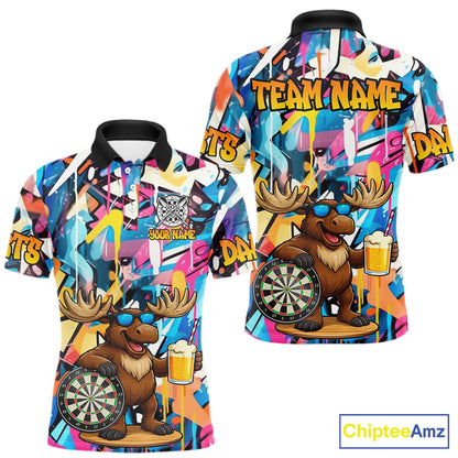 Funny Moose Colorful Graffiti Darts Shirt For Men Custom Darts Team Jersey Polo & 1/4 Zip TDM6397
