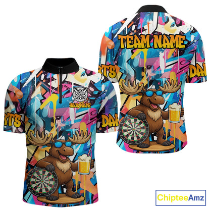 Funny Moose Colorful Graffiti Darts Shirt For Men Custom Darts Team Jersey Polo & 1/4 Zip TDM6397