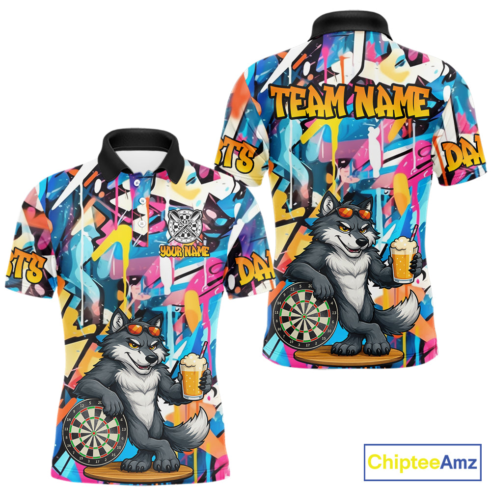 Funny Wolf Colorful Graffiti Darts Shirt For Men Custom Darts Team Jersey Polo & 1/4 Zip TDM6398