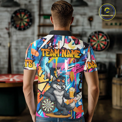 Funny Wolf Colorful Graffiti Darts Shirt For Men Custom Darts Team Jersey Polo & 1/4 Zip TDM6398