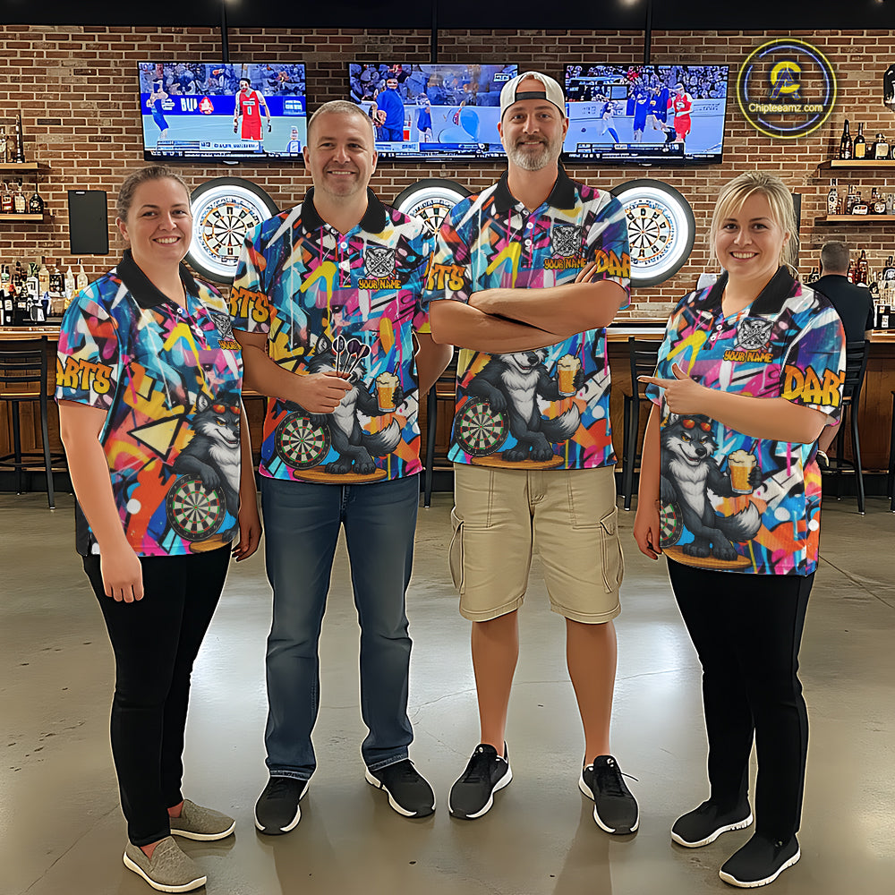 Funny Wolf Colorful Graffiti Darts Shirt For Women Custom Darts Team Jersey Polo & 1/4 Zip TDM6398
