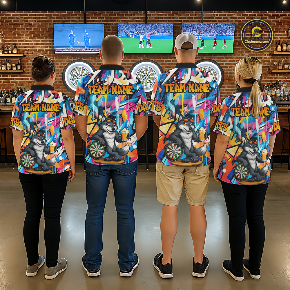 Funny Wolf Colorful Graffiti Darts Shirt For Women Custom Darts Team Jersey Polo & 1/4 Zip TDM6398