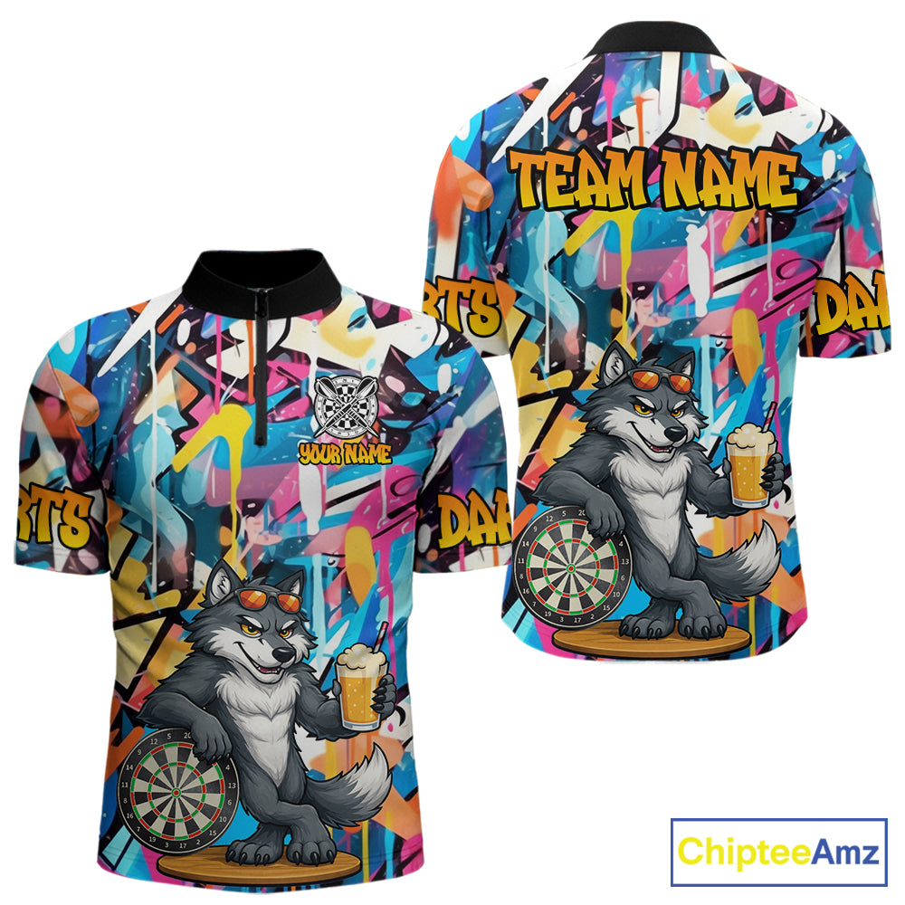 Funny Wolf Colorful Graffiti Darts Shirt For Men Custom Darts Team Jersey Polo & 1/4 Zip TDM6398