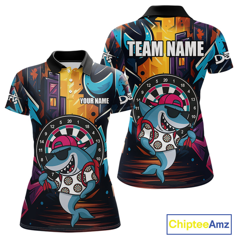 Funny Shark Colorful Graffiti Style Custom Dart Shirts For Women, Dart Team Jersey Best Darts Outfit TDM4423