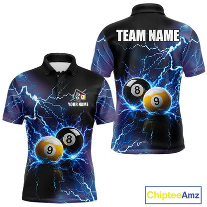 Custom Blue Thunder Lightning 8 Ball 9 Ball Billiard Polo Shirt Designed for Personalized Team Jerseys with Dynamic Lightning Graphics and Athletic Performance Style