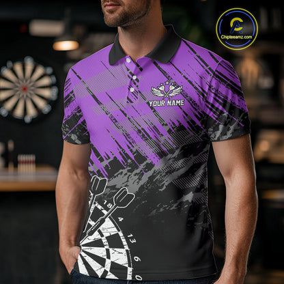 Purple Grunge Darts Shirts For Men Custom Darts Jerseys With Pocket Option TDM4856