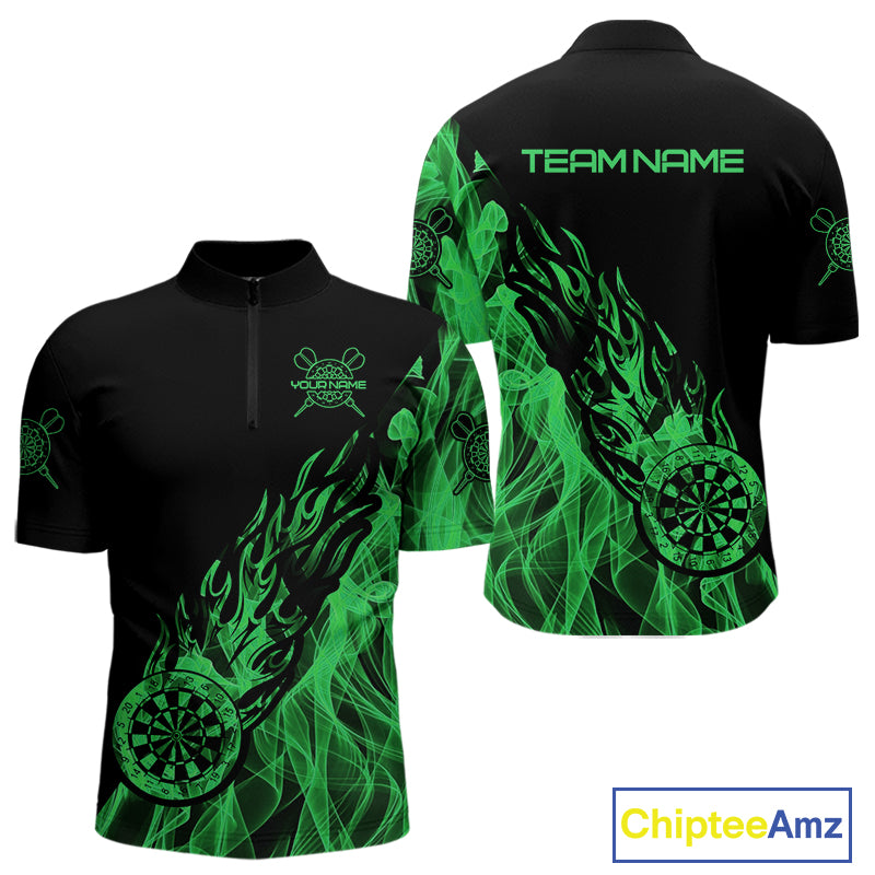Black And Green Flame Fire Darts Polo & Quarter Zip Custom Dart Shirt For Men Dart Jerseys TDM4857
