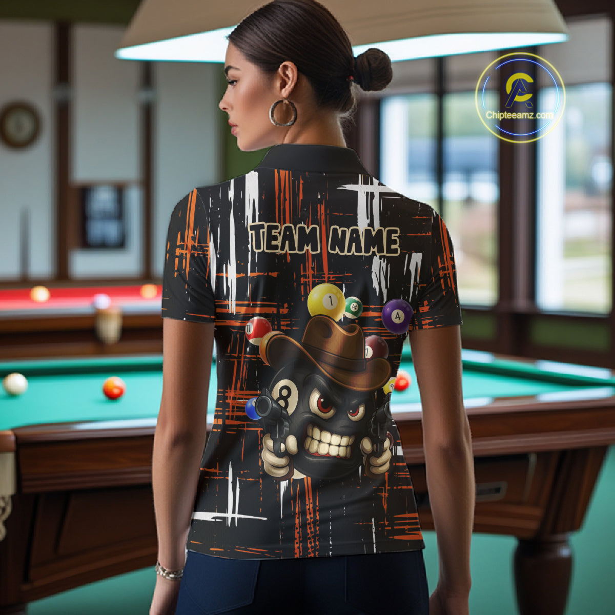 Personalized Orange Grunge Funny 8 Ball Billiard Shirt For Women, Pool Team Jersey Polo & 1/4 Zip TDM5285