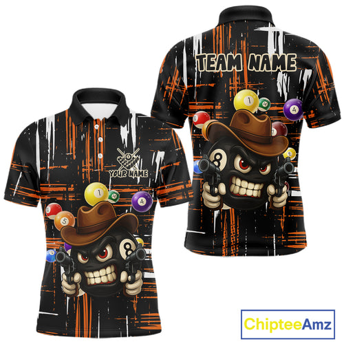 Personalized Orange Grunge Funny 8 Ball Billiard Shirt For Men, Pool Team Jersey Polo & 1/4 Zip TDM5285