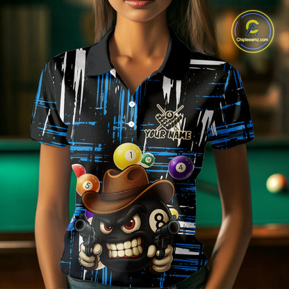 Personalized Blue Grunge Funny 8 Ball Billiard Shirt For Women, Pool Team Jersey Polo & 1/4 Zip TDM5286