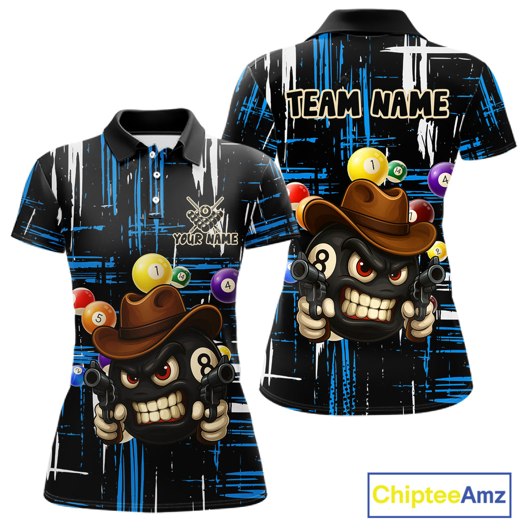 Personalized Blue Grunge Funny 8 Ball Billiard Shirt For Women, Pool Team Jersey Polo & 1/4 Zip TDM5286