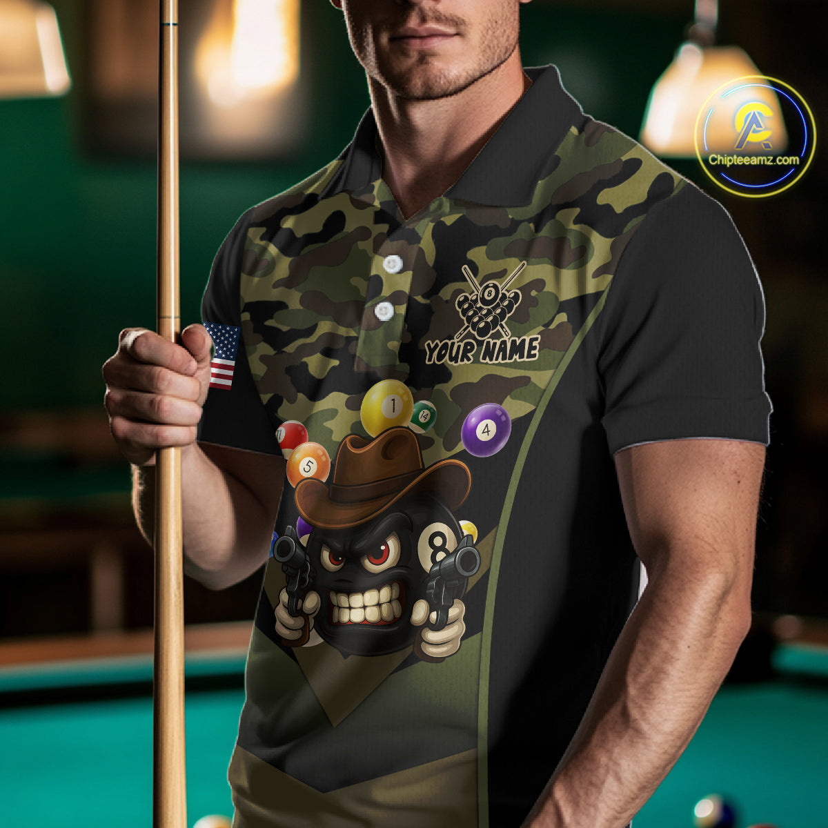 Personalized Green Camo Funny 8 Ball Billiard Shirt For Men Custom Pool Team Jersey Polo & 1/4 Zip TDM5287
