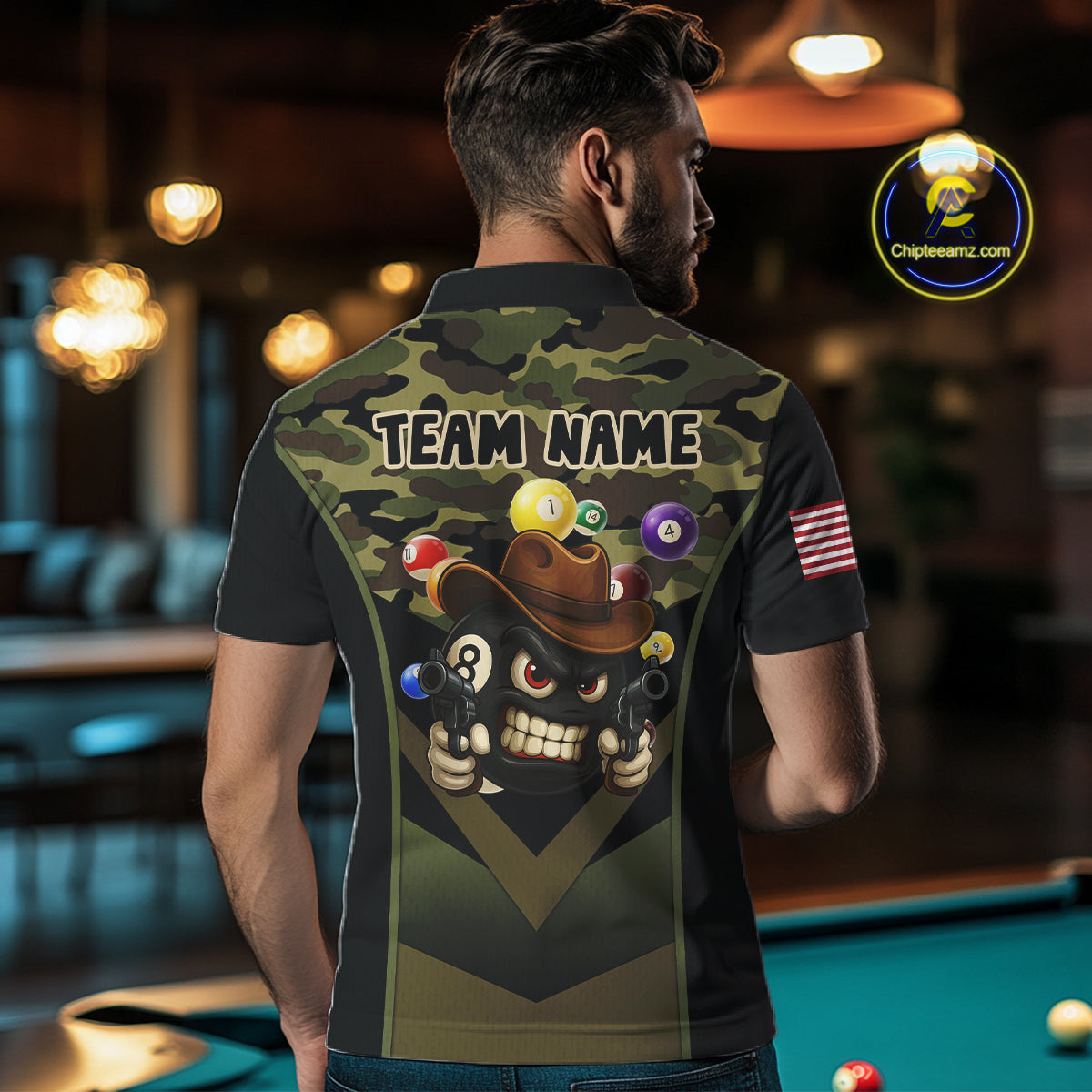 Personalized Green Camo Funny 8 Ball Billiard Shirt For Men Custom Pool Team Jersey Polo & 1/4 Zip TDM5287