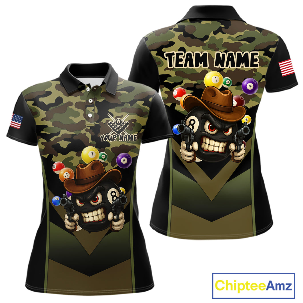 Personalized Green Camo Funny 8 Ball Billiard Shirt For Women Custom Pool Team Jersey Polo & 1/4 Zip TDM5287