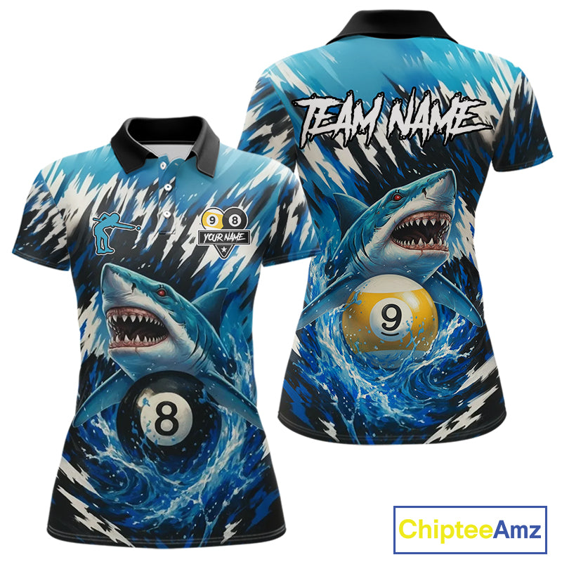 Custom Funny Blue Shark 8 Ball & 9 Ball Billiard Shirt For Women, Pool Team Shirt Polo & 1/4 Zip TDM5291