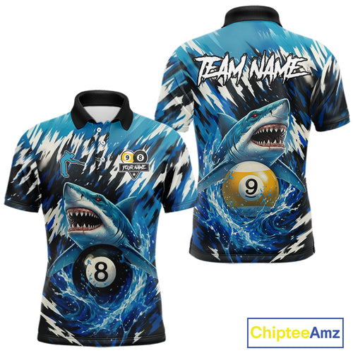 Custom Funny Blue Shark 8 Ball & 9 Ball Billiard Shirt For Men, Pool Team Shirt Polo & 1/4 Zip TDM5291
