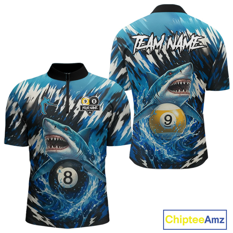 Custom Funny Blue Shark 8 Ball & 9 Ball Billiard Shirt For Men, Pool Team Shirt Polo & 1/4 Zip TDM5291