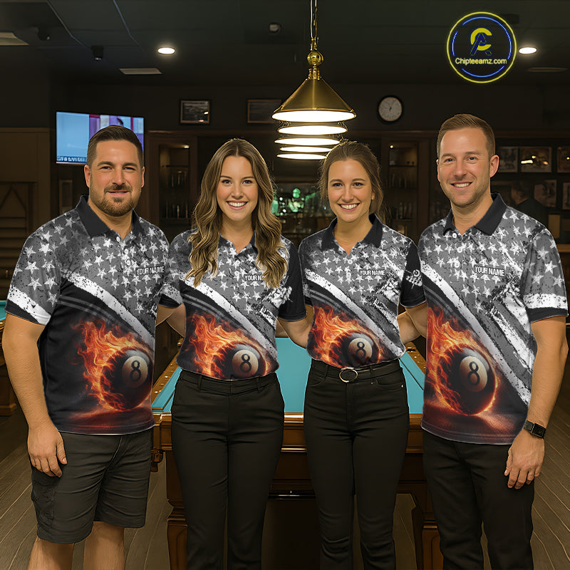 Personalized US Flag 8 Ball Pool Fire Billiard Shirt For Men Custom Grunge Billiard Team Jersey TDM5544
