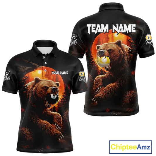 Personalized 8 Ball & 9 Ball Bear Billiard Shirt For Men Custom Pool Team Jersey Polo & 1/4 Zip TDM5549