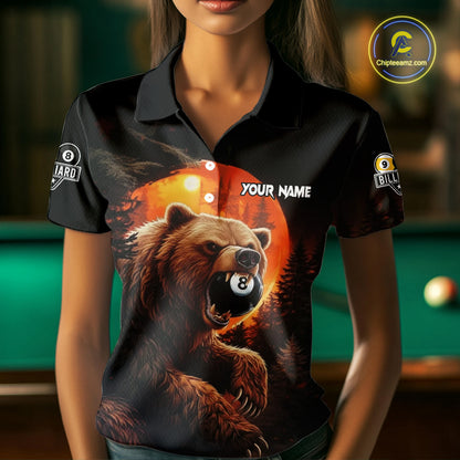 Personalized 8 Ball & 9 Ball Bear Billiard Shirt For Women Custom Pool Team Jersey Polo & 1/4 Zip TDM5549
