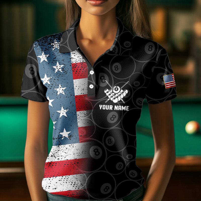 Personalized US Flag Funny 8 Ball Pool Wings Billiard Shirts For Women, American Team Billiard Jersey TDM3634