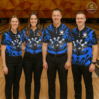 Personalized Blue Funny Flame Bowling Shirt For Women, Fire Bowling Team Jersey Polo & 1/4 Zip TDM6164