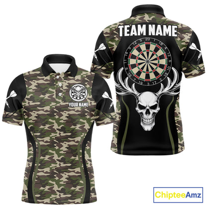 Personalized Green Camo Skull Darts Shirt For Men Custom Darts League Jersey Team Polo & 1/4 Zip TDM6402