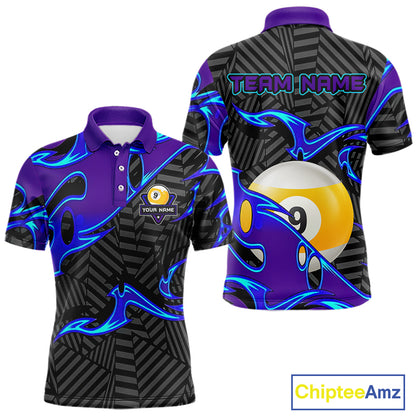 Personalized Blue Purple 9 Ball Pool Billiards Shirts For Men, Billiard Team Jersey Polo &1/4 Zip TDM6403